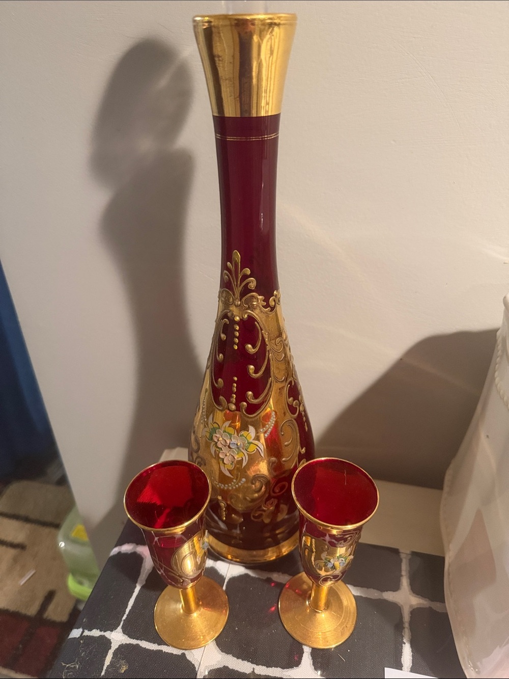 Hand-Painted Red and Gold Decorative Glass Cruet Set